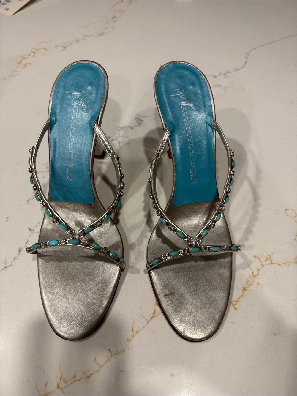 Giuseppe Zanotti Silver Heeled Sandals with Turquoise Stones